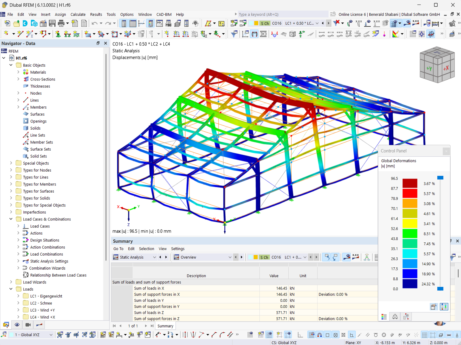 使用 Dlubal 的软件 RFEM 显示网球馆的变形