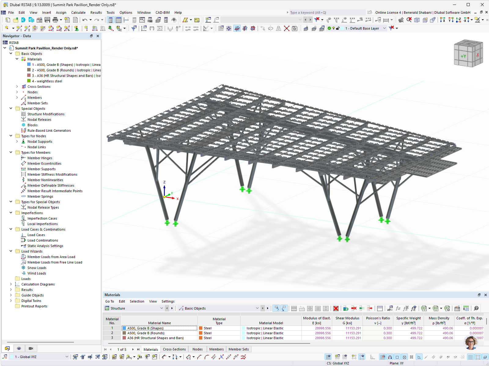 Summit Park Pavilion 的结构模型，使用 RSTAB 建立的钢结构。