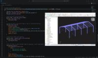 RFEM 6 界面显示一个钢结构厂房模型，并集成 Python 脚本以增强自动化和自定义功能。