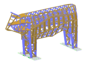 详细的三维结构模型，展示了一个木牛的复杂杆件结构以及木结构的结构分析。