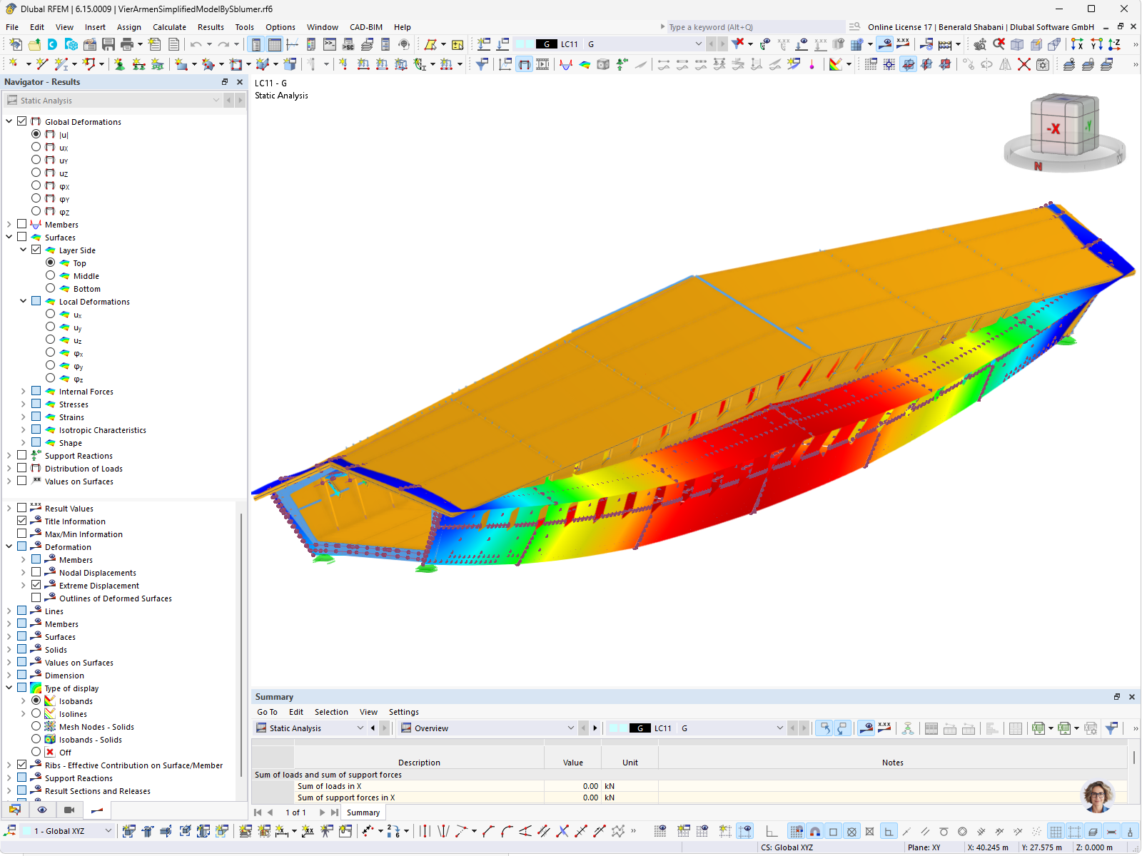 RFEM 模型：木桥在荷载作用下以彩色显示的变形