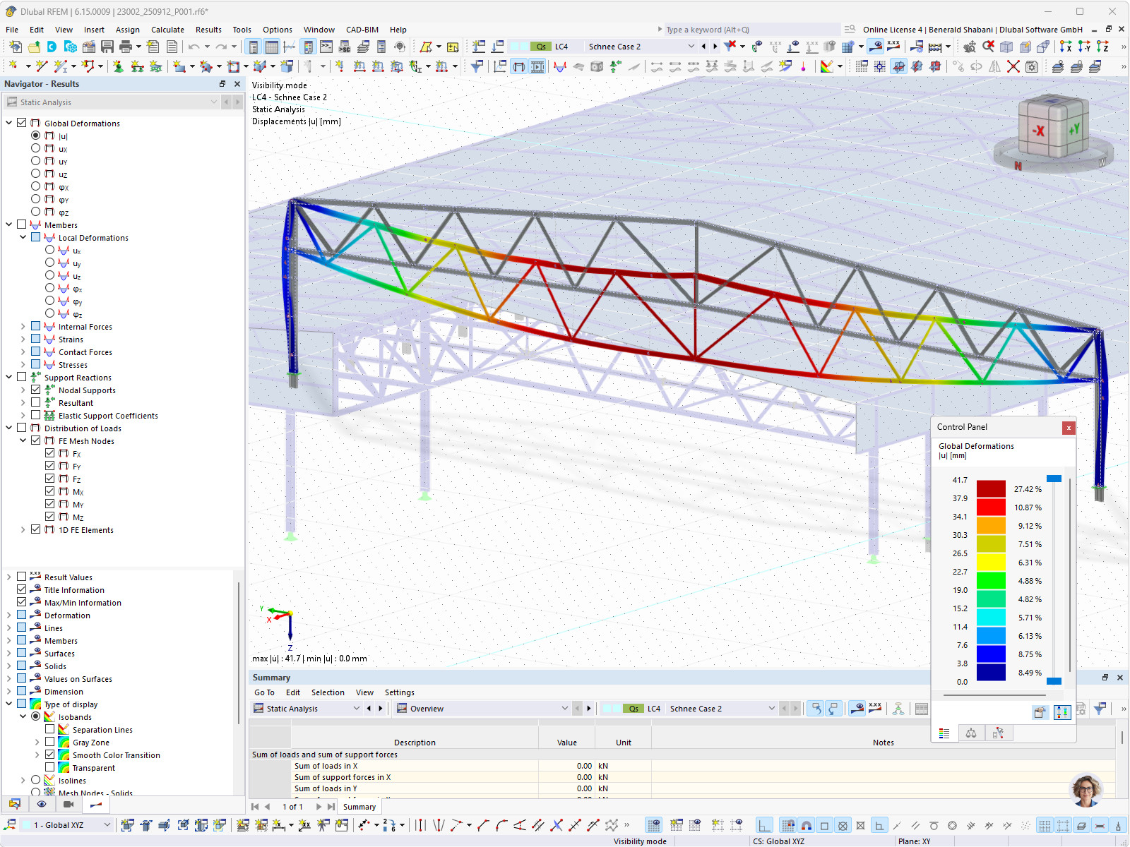 RFEM 中桁架梁在雪荷载作用下的变形