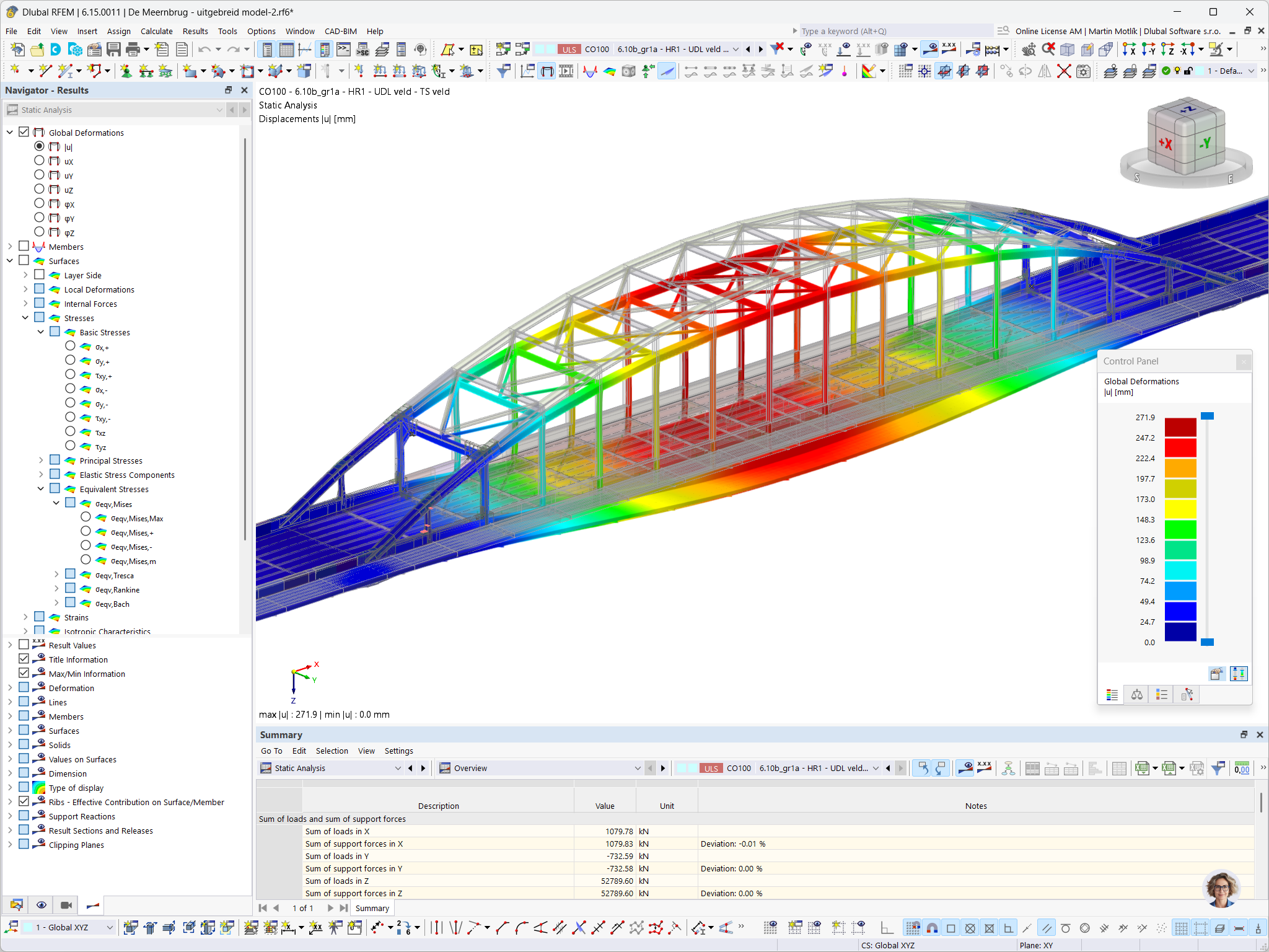 RFEM 中钢拱桥在交通荷载组合下的整体变形